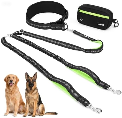 Pecute Hands Free Dog Leash for 2 Dogs, Waist Belt with Pouch, No Tangle by pecute