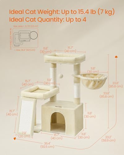 Feandrea Cat Tree, 33.8" Cat Tower Condo, Scratching Posts and Ramp, Beige - Image 5