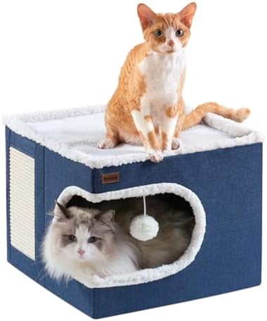 Garnpet Cat Bed for Indoor Cats Cube House, Covered Cat Cave Beds & Furniture with Scratch Pad and Hideaway Tent, Cute Modern Cat Condo for Multi Small Pet Large Kitten Kitty, Navy by Garnpet