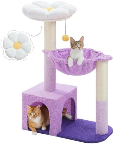 MUTTROS Purple Flower Cat Tree for Small Indoor Cats w/Large Metal Frame Hammock, 35" Cute Cat Tower with Sisal Scratching Posts, Cozy Condo with Cloud White Bed for Kittens by MUTTROS