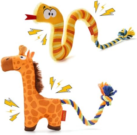 AUSCAT Plush Dog Rope Toy, Durable Squeaky Dog Toys for Puppy Small Medium Dogs (Not for Aggressive Chewers), Snake & Giraffe by AUSCAT