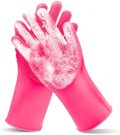 Pet Grooming Gloves—Dog Washing Gloves with High-Density Teeth, Dog Bath Scrubber with Enhanced Five Finger Design, Silicone Gloves for Dogs and Cats Bathing, Massage (Hot Pink) by MAIIU