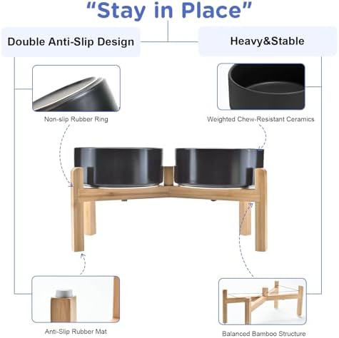 SPUNKYJUNKY Elevated Dog Bowls Ceramic, 7.3'' Dogs Food Water Bowls Raised with Non-Slip Bamboo Stand for Medium to Large Sized Breed Microwave Dishwasher Safe - 42 OZ,Black - Image 4