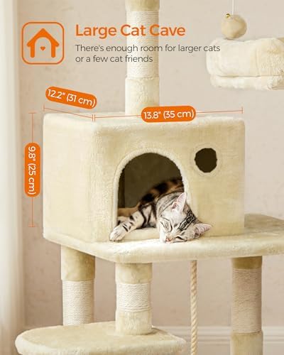 Feandrea Cat Tree, 55.8-Inch Large Cat Tower, Multi-Level Condo, Beige - Image 6