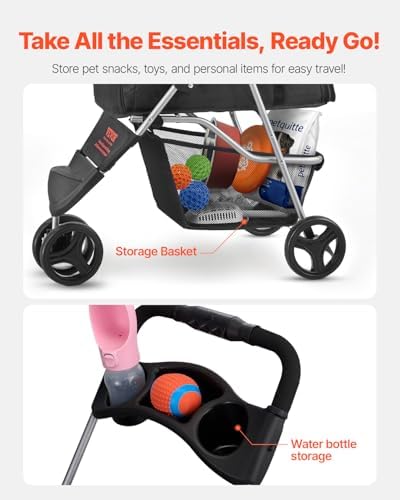 VEVOR Pet Stroller, 35 lbs Weight Capacity, Foldable Dog Cart, 3 Wheels Cats Carts with Mesh Windows and Cup Holders, Portable Pet Carrier Stroller with Brake, for Small to Medium Pets - Image 6