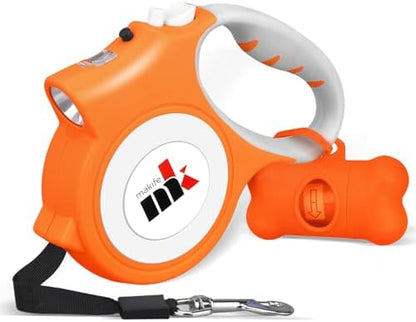 Retractable Dog Leash with LED Light Makife 5m Extendable Dog Lead for Small Medium Puppis up to 25kgs, One-Hand Brake & Lock System, Ergonomic Handle (Orange) by MakeABetterLife
