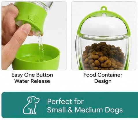 Portable Dog Water Bottle with Food Container, Leak-Proof Travel Water Dispenser, 500ml Water & 100g Food, Green - Image 3