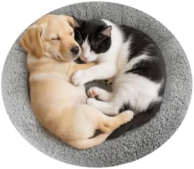 Enjoying Plush Cat Bed Mat Diameter 19.5" Round Pad with Pillow Around for Cats Dogs Relying/Curling Sleep Warm Dog Cushion for Crates, Antiskid Bottom, Large, Gray by Enjoying