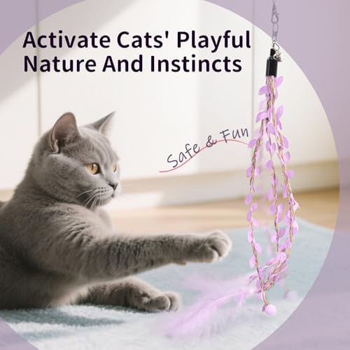 SONGWAY Cat Wand Toys for Indoor Cats - Cat Toy Set with Retractable Teaser Wand and 6 PCS Fairy Feather Toy Refills, Dragonfly Tassel Cat Toys Interactive, Purple - Image 5