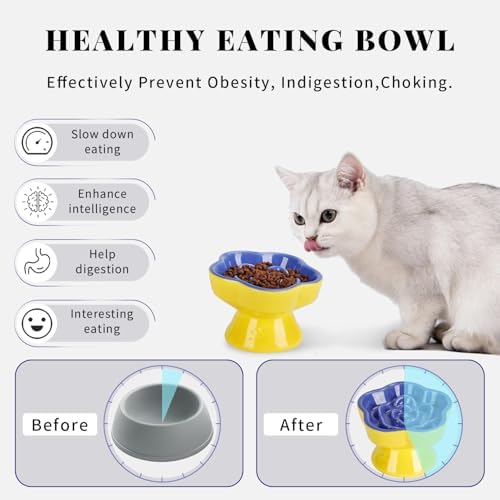 S&Q's CERAMICS Raised Slow Feeder Cat Bowl, Ceramic Elevated and Titled Pet Food Bowl, Small Dogs Slow Feeder, Flower Shaped Dish for Dry and Wet Food (Blue, 5.8") - Image 3