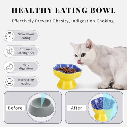 S&Q's CERAMICS Raised Slow Feeder Cat Bowl, Ceramic Elevated and Titled Pet Food Bowl, Small Dogs Slow Feeder, Flower Shaped Dish for Dry and Wet Food (Blue, 5.8") - Image 3