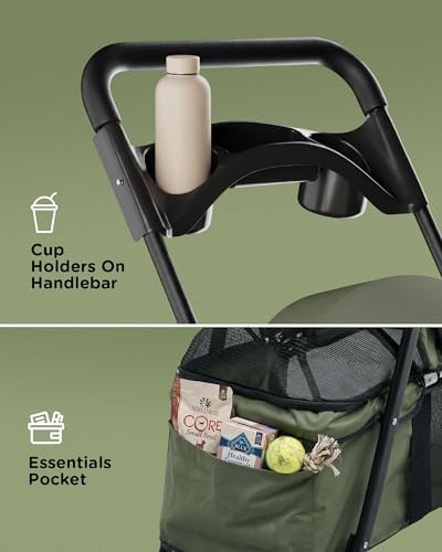 GTPLAYER Foldable Pet Stroller for Small Dogs and Cats, Holds Up to 33 lb, 4-Wheel Stroller with 2 Safety Tethers, Breathable Mesh, Lockable Front Wheels, Cup Holder/Tray & Storage Pocket, Dark Green - Image 6