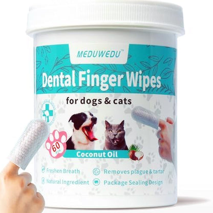 MEDUWEDU Dental Care Finger Wipes 60 Counts,Teeth Cleaning Finger Wipes for Dogs & Cats,Reduces Plaque & Supports Oral Freshness, Coconut Scent by MEDUWEDU