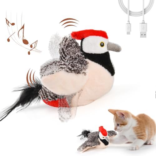 LIFLIX Flappy Bird Cat Toy, Simulated Chirping Flapping Wings Bird, Interactive Catnip Toys, Plush Kitten Exercise Toys for Indoor Cats, Woodpecker(No Flying) by LIFLIX
