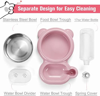 Dog Bowls, Cat Food and Water Bowl Set with Water Dispenser and Stainless Steel Bowl for Cats and Small Dogs - Pink - Image 3