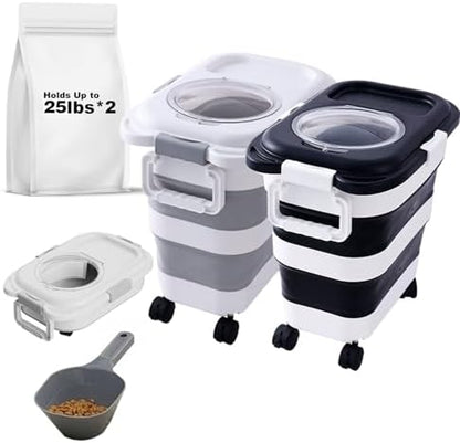 SEWIU 2pack 25 lbs Dog Food Storage Container,Collapsible Dog Food Container with Scoop,Pet/Dog/Cat/Bird Food/Cat litter Storage Containers to Keep Dry,Easy to Move.(Black+white) by SEWIU