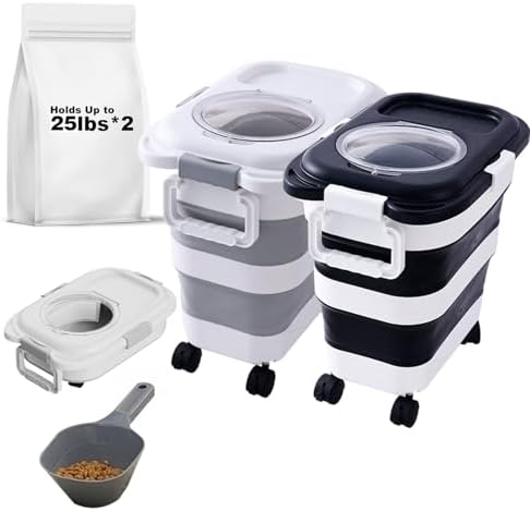 SEWIU 2pack 25 lbs Dog Food Storage Container,Collapsible Dog Food Container with Scoop,Pet/Dog/Cat/Bird Food/Cat litter Storage Containers to Keep Dry,Easy to Move.(Black+white) by SEWIU