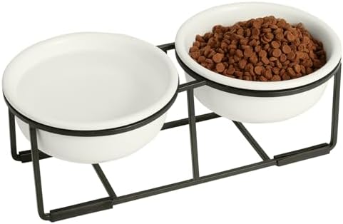 Ceramic Elevated Dog Bowl Set - Double Dog Food and Water Bowls with Metal Stand - Raised Pet Dishes for Puppies and Cats - 2 Cups - 12.5 fl oz - Matte White by AHX