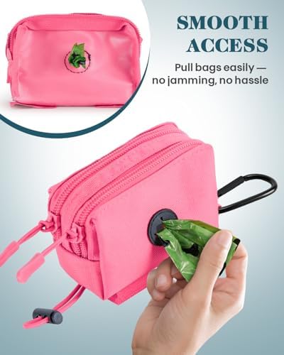 Dog Poop Bag Holder for Leashes, Pink Doggie Waste Bag Dispenser and Treat Holder, with Carabiner Hook and Poop Bag Clip, Used Waterproof Wear-Resistant Fabric and 2 Zippered Pouches for Walking - Image 5