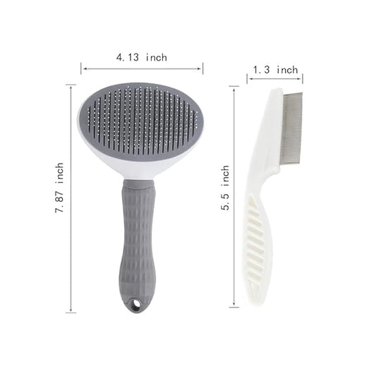 Cat Brush with Release Button, universal for cats and dogs, one click release, brush and flea comb combination set，Pet Hair Comb Tear Stay Removal, knotted skin floating hair tangled fleas (Grey)