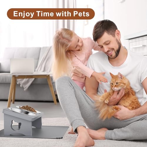 Elevated Cat Bowls with 15° Tilted Solid Wood Stand,Slate Grey - Image 2