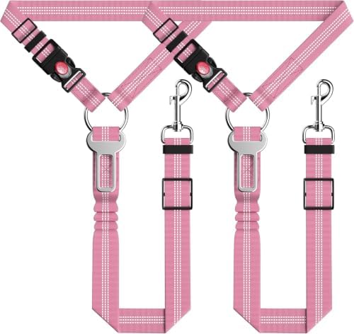 Seyezo Dog Car Seat Belt for Car, 2 Piece Set Retractable Dog Car Harness Adjustable Reflective Dog Seatbelt for Vehicle Headrests, Dog Safety Restraint Seatbelt Heavy Duty& High Elastics, Pink by Seyezo