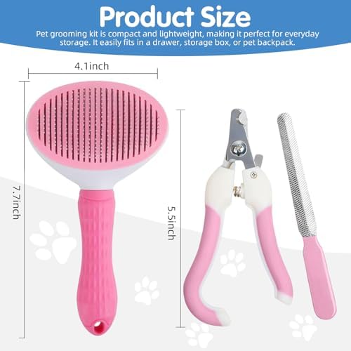 Aglads 3PCS Cat Rabbit Bunny Dog Grooming Kit, Self-Cleaning Slicker Cat & Dog Brush for Shedding, Fine-Needle Comb, Pet Nail Clipper & File for Long/Short-Haired Pets, Easy to Remove Loose (3, pink) - Image 2