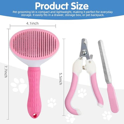 Aglads 3PCS Cat Rabbit Bunny Dog Grooming Kit, Self-Cleaning Slicker Cat & Dog Brush for Shedding, Fine-Needle Comb, Pet Nail Clipper & File for Long/Short-Haired Pets, Easy to Remove Loose (3, pink) - Image 2