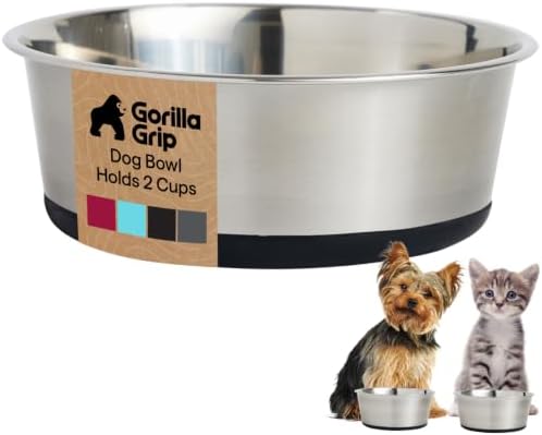 GORILLA GRIP Dog Bowl, Food Grade Stainless Steel Water Bowls, 2 Cup Black by GorillaGrip