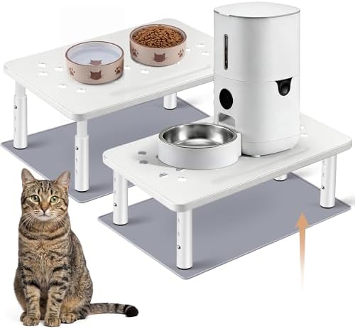 Dreyoo 2 Set Adjustable Cat Food Stand, White,Gray Mat by Dreyoo