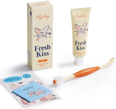 FlyDog Fresh Kiss Dog Tooth Brushing Kit, Enzymatic Dog Toothbrush and Toothpaste- Vet Approved Formula, Breath Freshener & Tartar Remover, 360° Toothbrush for All Round Cleaning (Mild Mint) by FlydogPremiumPetCare