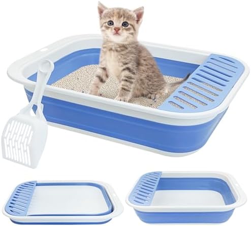 Fhiny Kitten Litter Box Portable Shallow Litter Box 17.7"x13.4"x4.9" Foldable Cat Toilet with Scoop Open Kitty Potty Pan with Litter Drop Pedal Easy to Clean Travel Kitten Toilet(Blue) by Fhiny