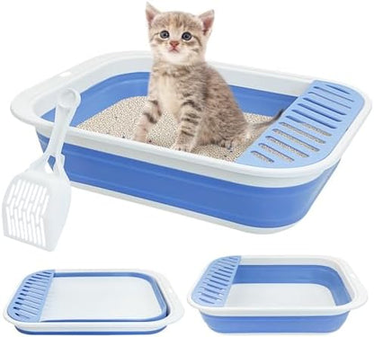 Fhiny Kitten Litter Box Portable Shallow Litter Box 17.7"x13.4"x4.9" Foldable Cat Toilet with Scoop Open Kitty Potty Pan with Litter Drop Pedal Easy to Clean Travel Kitten Toilet(Blue) by Fhiny