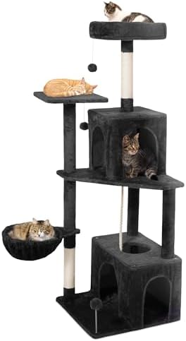 54-Inch Cat Tree Tower with 2 Caves & 2 Pompoms - Multi-Level Tower for Indoor Cats, Soft Plush Condo with Scratching Posts - Sturdy Base for Large Cats(Black) by TSCOMON
