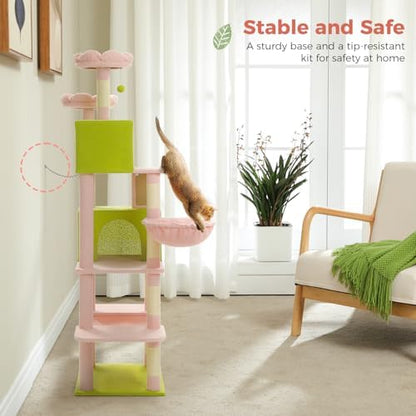 MUTTROS Flower Cat Tree Tall 70.8" for Adult Indoor Cats, 8-Levels Large Cat Tower with 8 Sisal Posts, 2 Hammocks, 2 Condos, Big Perch & 3 Pom Poms for Multi-Cats Household – Carpet Pink - Image 2