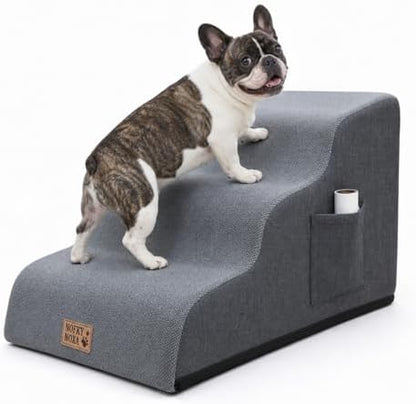 3-Step Dog Stairs for Small Dogs & Cats, 15.7" H Non-Slip Pet Steps with Side Storage Pocket, Sturdy High Density Foam Dog Ramp for Sofa, Couch & Chair, Washable Cover, Grey by NOFKYNOXA