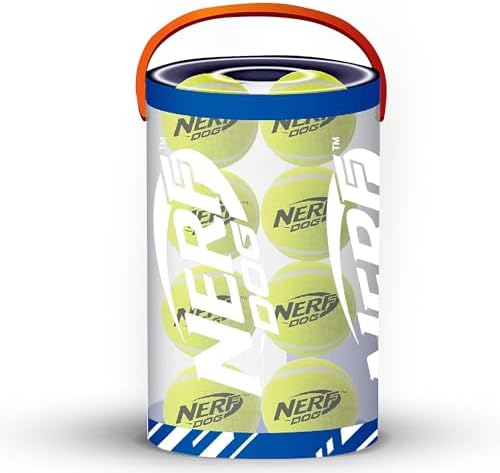 Nerf Dog 16-Piece Dog Toy Gift Set, Includes 16 2.5in Squeak Tennis Balls and a 10.25in Bucket, Nerf Tough Material, Green by GramercyProductsInc