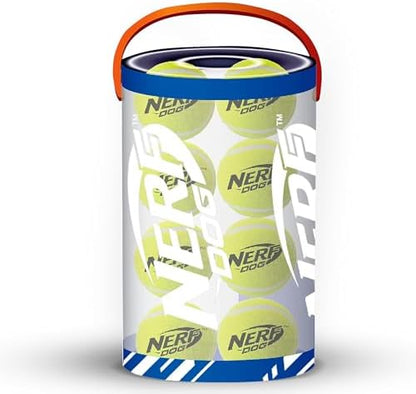 Nerf Dog 16-Piece Dog Toy Gift Set, Includes 16 2.5in Squeak Tennis Balls and a 10.25in Bucket, Nerf Tough Material, Green by GramercyProductsInc