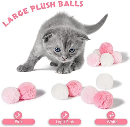 Weewooday 12 Pcs Large Fuzzy Cat Pom Pom Balls Plush Toys, Pink, White - Image 2