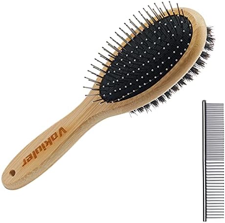 Dog Brush Cat Brush, Vokiuler Double Sided Bristle and Pin Pet Brush for Dog Grooming, Real Boar Bristle Shedding Brush with Bamboo Handle for Long Short Hair, 2 Pack Dog Comb, Black by Vokiuler