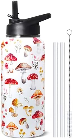 32oz Mushroom Stainless Insulated Aater Water Bottle with Straw,Mushroom Gym Hiking Sports Coffee Mug Cup Water Bottles,Mushroom Themed Gifts for Women,Mushroom Decor Stuff Accessories by Unknown