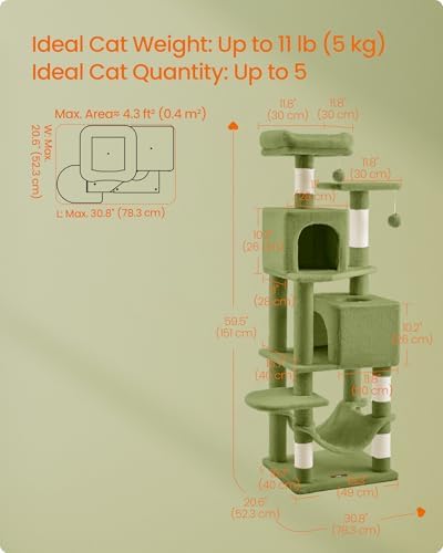Feandrea Cat Tree, 59.5-Inch Tall Cat Tower, Multi-Level Condo, Grass Green - Image 5