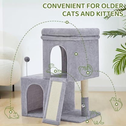 Woochpet 32inch Tall Cat Tree with 2 cat condo for Adult Cats Cozy Cat Tower with Scratching Post and Scrather Board for Cats of Different Ages.（Light Grey） - Image 7