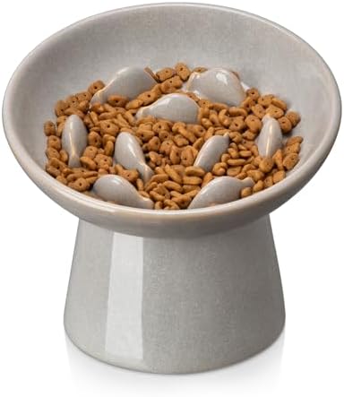 vancasso Ceramic Slow Feeder Cat Bowl, 6.25 Inch Elevated Cat Slow Feeder Bowl, Anti Vomiting for Dry and Wet Food, Grey by vancasso