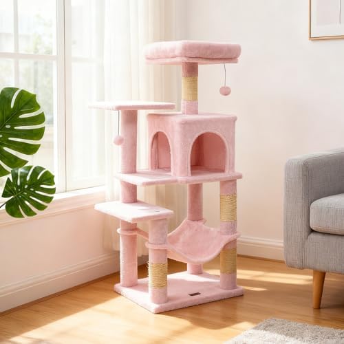 DORTALA Cat Tree for Indoor Cats, 44" Modern Cat Tower with Top Perch, Condo, Hammock, Sisal Scratching Posts, Dangling Balls, Platforms, Multi-Level Pet Climbing Furniture Playground (Pink) - Image 2