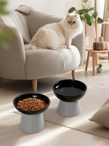 LoeJan Elevated Cat Food and Water Bowls Set, Extra Wide and Raised Ceramic Feeder, Anti-Vomit Whisker-Free Pressure Feeding Bowl for Kittens Adult Small Dogs (Black) - Image 7