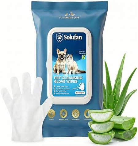 Pet Cleansing Glove Wipes for Dogs & Cats, 20 Count Hypoallergenic No-Rinse Pet Grooming Wipes with Aloe Vera, Thick & Durable Cleaning Gloves for Paws, Coat & Body, Ideal for Home & Travel by Unknown