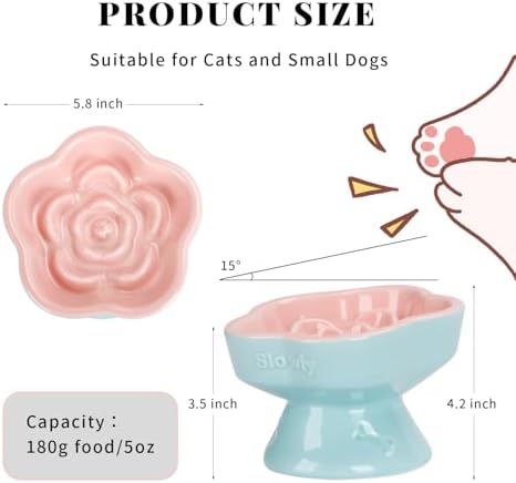 S&Q's CERAMICS Raised Slow Feeder Cat Bowl, Ceramic Elevated and Titled Glass Food Bowl Small Dogs Slow Feeder, Flower Shaped Cute Cat Dish for Dry and Wet Food (Pink, 5.8") - Image 2