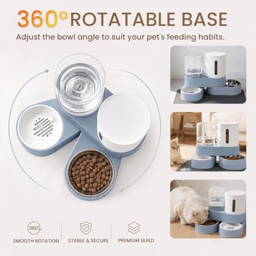 Gravity Cat Feeder 2 Pack Automatic Food Feeder Stainless Steel Water Dispenser Set 360 Degree Rotatable Pet Bowls with Silicone Mat for Cats Small Medium Dogs, Large Capacity(Blue) - Image 5
