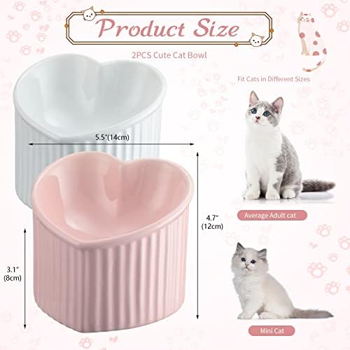 Mumufy 2 Pcs Ceramic Elevated Cat Bowls Tilted Elevated Raised Pet Bowls Anti Vomit Cat Dish for Indoor Stress Free Water Dish Feeder for Puppies, Heart Shaped(Pink, White) - Image 2